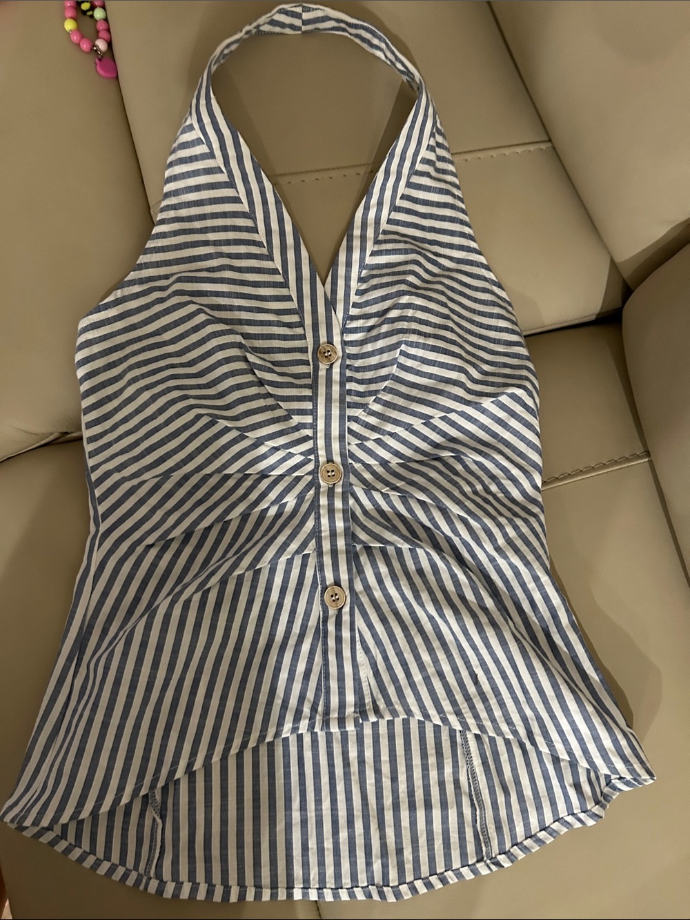 Cider Blue and White Striped Halter Button-Front Camisole